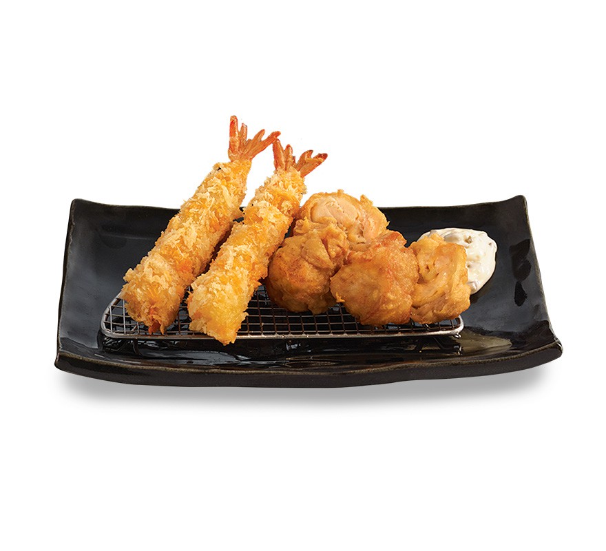 กุ้งชุบแป้งทอดกับไก่คาราอาเกะ (อาหารจานเดี่ยว)